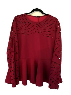 Women's SHEIN Curve Laser-Cut Peplum Top - Burgundy #34